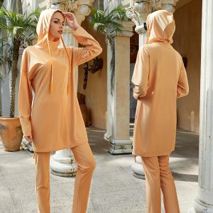 Costumi da bagno Nuove donne Costume da bagno musulmano Costumi da bagno Burkini Mujer Musulmano Muslem Maillot De Bain Femme Nero Manica lunga con Sciarpa Cappuccio per capelli