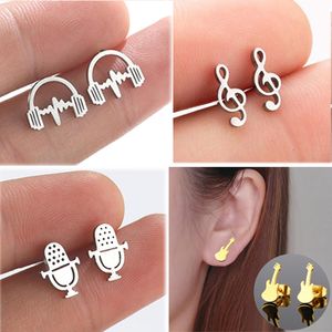 Wholesale Small Stainless Steel Earring Guitar Music Note Headphone Microphone Stud Earrings For Women Men Jewelry DJ Gifts