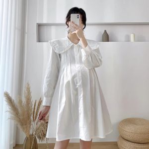 Платья 2022 Весна для беременных с длинным рукавом Белое платье-рубашка с воротником Питера Пэна Милое хлопковое платье для беременных Свободные блузки оптом