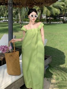 Casual Dresses Korejepo Lace Up Pleated Green Wide Shoulder Belt Generous Collar Clothes 2024 Vacation Loose Sling Thin Dress