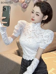 Blouse Lace Blouses for Women Solid Slim Fit Crop Tops Stand Spring Allmatch Daily Korean Style Fashion Tender Ladies Ins Sexy Classic