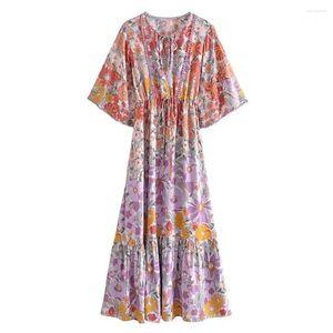 Sukienki imprezowe Siecika Vintage Chicka Kobiety kwiatowy nadruk Batwing Sleeve Beach Bohemian Maxi Sukienka Panie Deep V Neck Rayon Boho Loose Saose