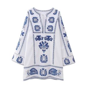 2024White Blue National Style Embroidery Oversized Women Lacing Up Bow V Neck Full Sleeve Mini Dress Holiday Straight Robe Vestidos