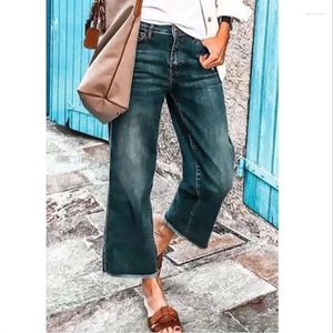 Kvinnors jeans 2024 Autumn Kvinnlig flare School Girls Frayed Hem Croped Denim Pants Plus Size Ankle-Length Woman Vintage Byxor Loose