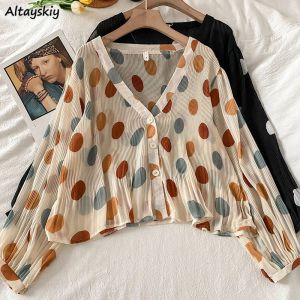 Shirt Polka dot vneck Chiffon Shirts Frauen elegant lose plissierte moderne Puffärmel Chic Retro Mujer Ladies Ol Blusas Sommer