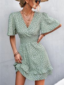 Dress Sexy V Neck Mini Dress For Women Fashion Floral Slim Short Dresses Female Lotus Leaf Sleeve Elegant Dress Summer Vestido Mujer