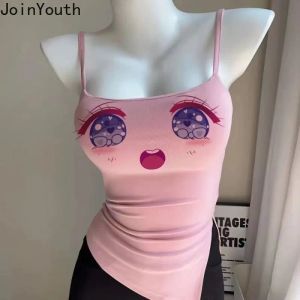 Camis sexy doce tanques roupas femininas japonês dos desenhos animados impressão estilingue colete 2023 ropa mujer moda verão dividir túnica rosa bonito camis