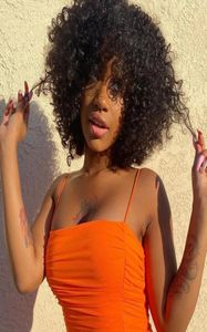 Afro Kinky Curly Bob Peruka z grzywką Peruwiańska bomba na luzie Krótkie ludzkie włosy dla kobiet syntetyczne pełne koronkowe peruki 25599909