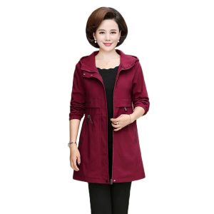 Trench Spring Fall Mother's Jacket 2021 Middleaged Women Casual Hooded Coat Fashion Midlength Large Size Female Windbreaker 5XL W2099