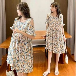 Dresses Summer Maternity Dress Plus Size Spring/Summer Suit Floral Short Sleeve TShirt Skirt Top Mid Length Plus Size Dress