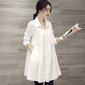 Dresses 8864# 2023 Spring Summer Long Sleeve White Maternity Blouses A Line Loose Shirt Clothes for Pregnant Women Pregnancy Tops Dress