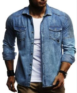 Mens Denim Shirt Men Long Sleeve Classic Casual Cowboy Shirts Male Brand Light Blue Slim Slight Elastic Dress M3XL2179568
