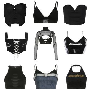 Camis 2023 Vintage Black Halter Canotta Scava Fuori Cyber Y2k Crop Top Donna Gothic Top Corsetto Sexy Canotta Camis 90s Vestiti Carino