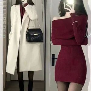 Klänning Autumn Winter Long Sleeve Sticke Dress Women Slash Neck Wine Röd stickad Ribbed Mini Dress Elegant Slim Vintage Ladies Clothing