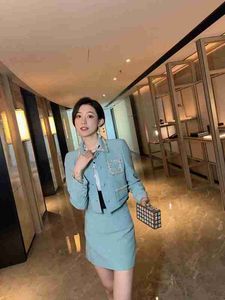 designer Shenzhen Nanyou High end MIU Home Qianjindao Flip Collar Crystal Decoration Silk Cotton Blended Long sleeved Half Skirt Set TON1