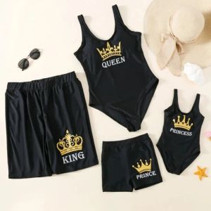 Roupa de banho família combinando roupa de banho mãe filha criança filho menina carta preto rainha maiô feminino uma peça nadar maiô masculino shorts