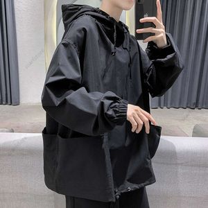 Trendiga varumärke mörka mens hoodie solid färg tunn koreansk lös topp mens stil huva funktionell ytterkläder