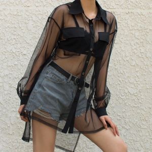 Jackets 2023 Spring and Summer New Breasted Mesh Transparent Dress Black Sexy Suit Collar Midlength Beach Blouse Split Irregular Top