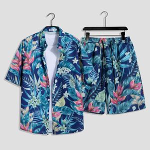 Erkeklerin izleri erkek moda baskı seti kısa kollu gömlek+şort 2pcs set gevşek 2024 yaz eğlence plaj takım elbise erkek tatil hawaii seti j240305