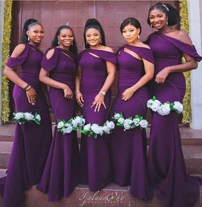 Elegant African Girls Purple Bridesmaid Dresses Mermaid One Shoulder Pleats Ruffles Satin Long Maid of Honor Wedding Guest Dress Plus Size BC18322