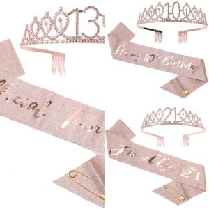 Nuova decorazione 18 21 30 40 50 Oro rosa Satin Sash Crystal Crown Tiara Buon compleanno Anniversario Feste