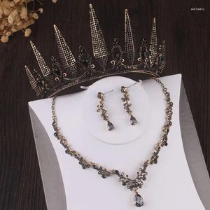 Necklace Earrings Set Baroque Vintage Black Geometric Crystal Bridal Rhinestone Crown Tiaras Wedding Dubai Jewelry