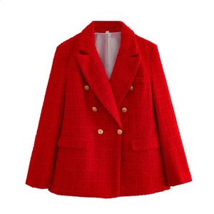 Feminino elegante textura duplo breasted tweed terno manga comprida bolso jaqueta feminina moda rua topo 240228