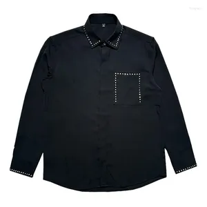 Camisas casuais masculinas coreano rebite decoração camisa 2024 primavera de alta qualidade solta moda social streetwear blusa roupas masculinas