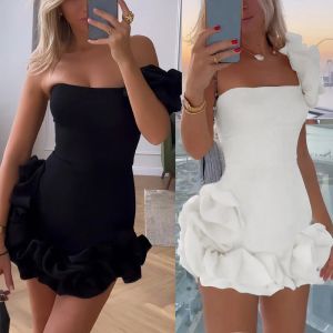 Klänning elegant sexig midi ruffle midja ett axelrör topppaket höft för kvinnliga damer lyxfest aftonklänningar