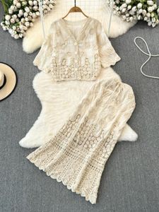 Work Dresses Bohemian Holiday Skirt Sets Women Crochet Hollow Out V-neck Short Sleeve Blouse High Waist Lace-up Trumpet Skirts Drop