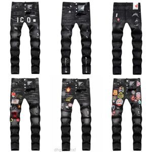 D2 designer jeans för män dsquare dsq2 trendiga hip-hop rippade byxor svart digital tryckt mitt stigande liten rak ben denim byxor män jeans designers pant