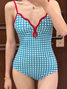 Roupa de banho retro vermelho scalloped aro maiô sexy feminino azul xadrez roupa de banho 2023 nova natação maiô uma peça verão beachwear monokini