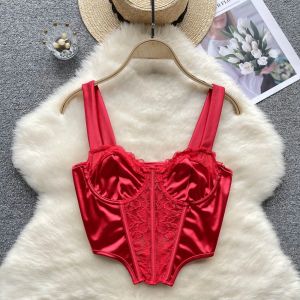 Camis kadın seksi saten tank üst düzensizlik dantel patchwork camisole yaz sırtsız Amerikan tarzı korse sıcak kız kırmızı mahsul üstleri