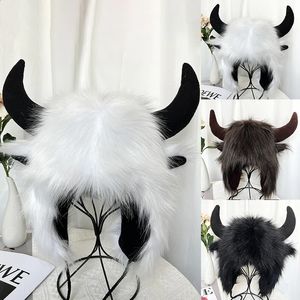 Personalised Imitation Fur Cap Creative Cow Horn Ear Protection Hats Winter Wool Hat Halloween Party Cosplay 240227