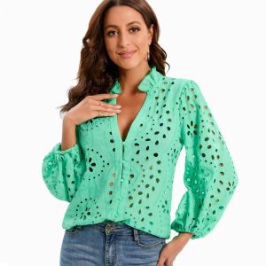 Blusa Mulheres Camisa de renda Hollow Out Bordada branca azul verde rosa rosa verão 2023 Roupas novas meninas modernas blusa tops