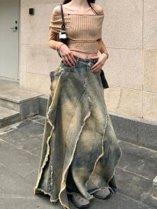 جينز النساء goblin core 2000s harajuku jean تنورة cyber punk تصميم غير منتظم الدنيم midlong التنانير الأوساط الأكاديمية الظلام y2k الجرونج اليابانية