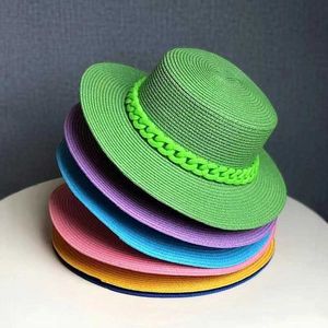 Wide Brim Hats Bucket Hats Womens summer hat green yellow purple straw hat wide-brimmed straw hat Korean version fashion net red chain beach sun hat tide J240305