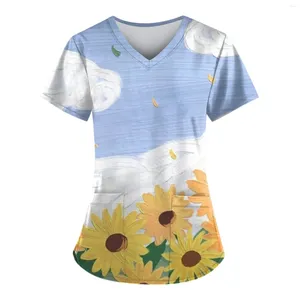 여자 T 셔츠 패션 V- 넥 짧은 슬리브 작업복 주머니와 인쇄 탑 여름을위한 여름 공식 상점 Ropa de Mujer