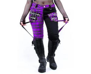 Mode kvinnliga byxor gotisk punkstil låg wasit tartan svart skarvning byxor vinter höst mujer pantalones femme pantalon9881287