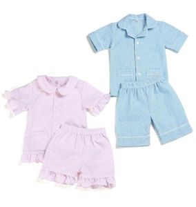 100 Cotton Seersucker Summer Pyjamas Short Sleeve Stripe Boutique Home Sleepwear For Kids 12M12 Years Button Up Kids Clothing Y202636130