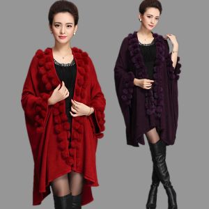 Pele tendência da moda feminina pele de coelho poncho xale casaco longo malha cashmere capa suéter de pele pashmina outono inverno novo