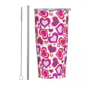 Tumblers Stainless Steel Tumbler Valentine's Day Car Mugs With Straws Pink Heart Art Drinks Water Bottle Large Capacity Thermal Mug