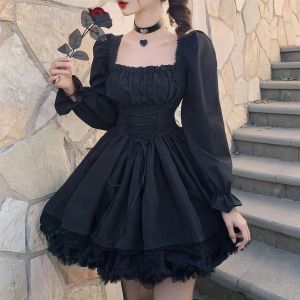 Kleid Lange Ärmel Schwarzes Kleid Lolita Goth Ästhetische Puffärmel Hohe Taille Vintage Bandage Spitzenbesatz Abschlussfeier Kleidung Frau