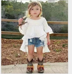 Mode Mädchen Kleidung Sets 2016 Mädchen Weiß Smoking KleidCowboy Shorts 2 stücke Kinder Outfits Baby Mädchen Kleidung Kind Anzug 27T 6setsl8088400