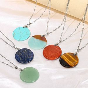 Natural Stone Pendant Round Shape Safe Luck Tag Rose Quartz Amazonite Tiger Eye Lapsi Pink Crystal Necklaces for Women Jewelry Gift