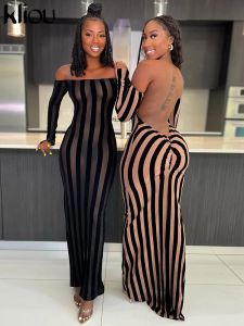 Dress kliou Autumn Striped Women Dress Sexy Peach Buttock See Through Long Sleeve Backless Robe Female Elegant Slash Neck Maxi Bodycon