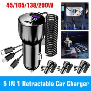 120W 4 IN 1 Retractable Car Charger USB Type C Cable for Iphone Samsung Fast Charge Cord Cigarette Lighter Adapter A5J9