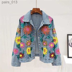Women's Jackets Jackets Spring Denim Sequins Floral Embroidery Sleeve Coat Female Flower Jeans H532 240305