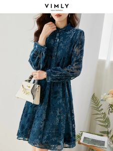 Klänning Vimly Peacock Blue Flocking Dress for Women 2023 Autumn Ruffles Stand Collar Long Sleeve A Line Elastic Midje Slim Dress V7701