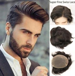 Swiss Lace Mens Toupee Hairpieces Natural Hairline Human Human Wigs Full Soft Substitutos Branqueados Nós Sistemas Toupee 10X83752682714587